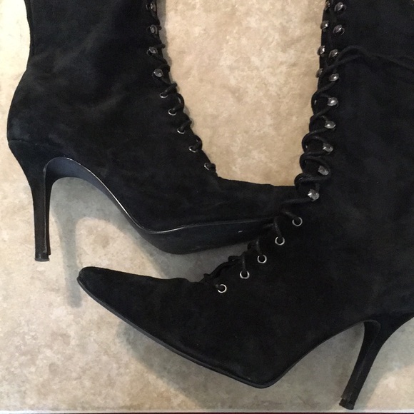 Black Genuine Suede Lace Up 3/4 Pointy Toe Boots - Picture 9 of 9